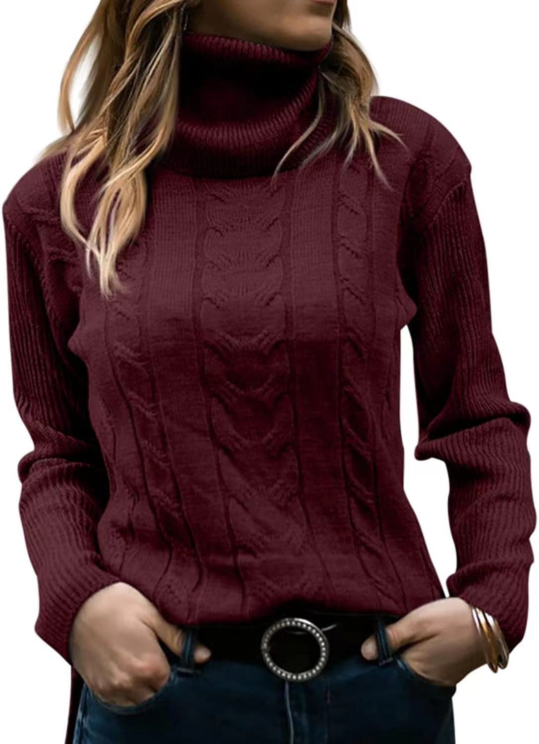 Women's Solid Turtleneck Knit Sweater Long Sleeve Pullover