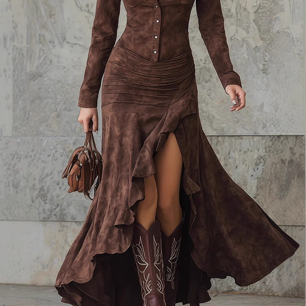 Women's Slim Fit Zip-Up High Neck Long Dress with Slit