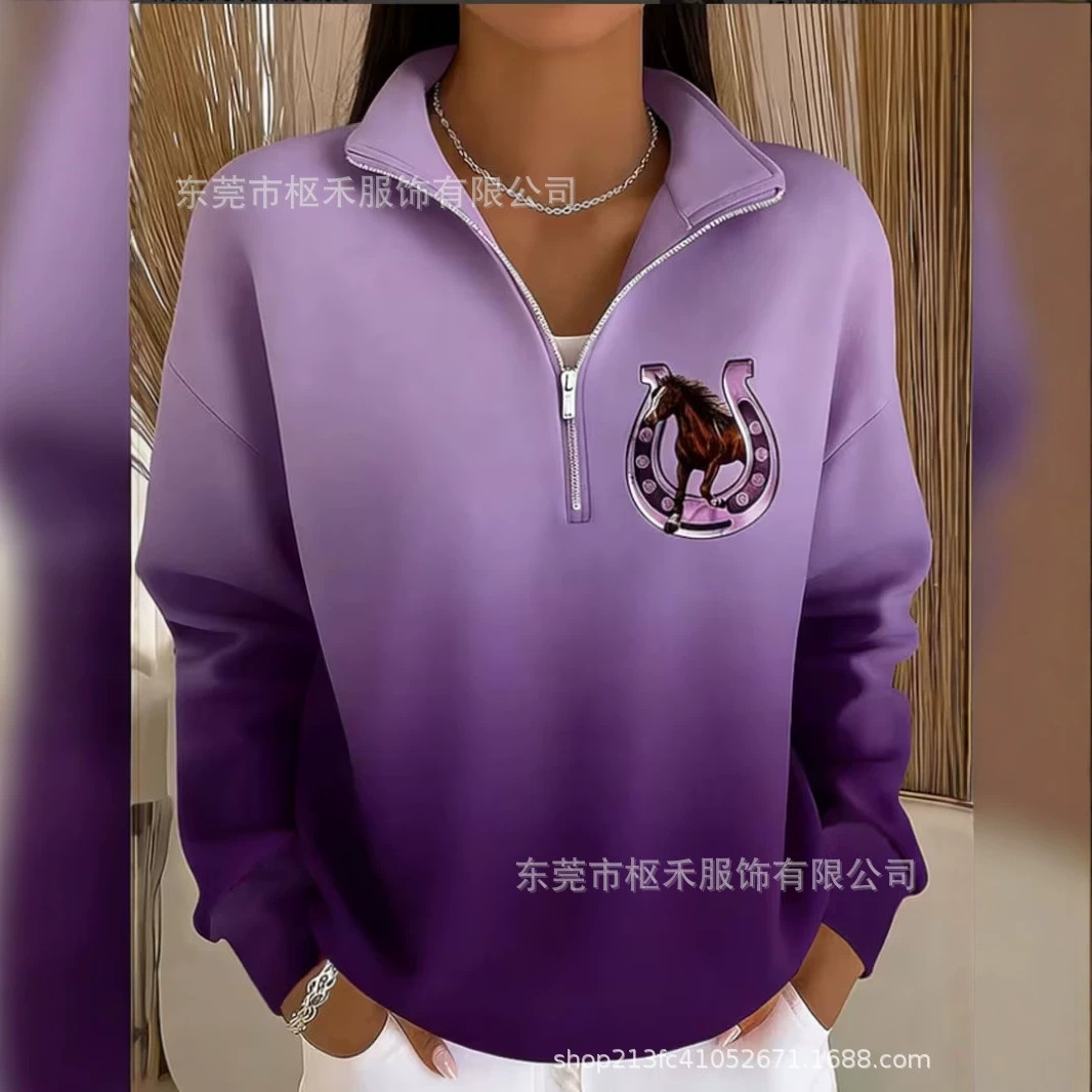 Women's Half-Zip Horse Track Print Hoodie