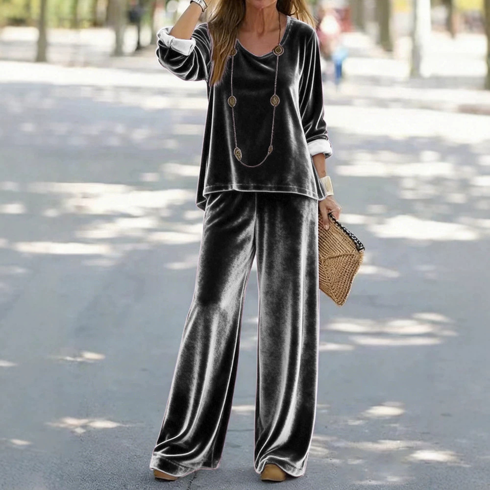 Women's Velvet V-Neck Long Sleeve Top and Pants Set Casual Multi-Color