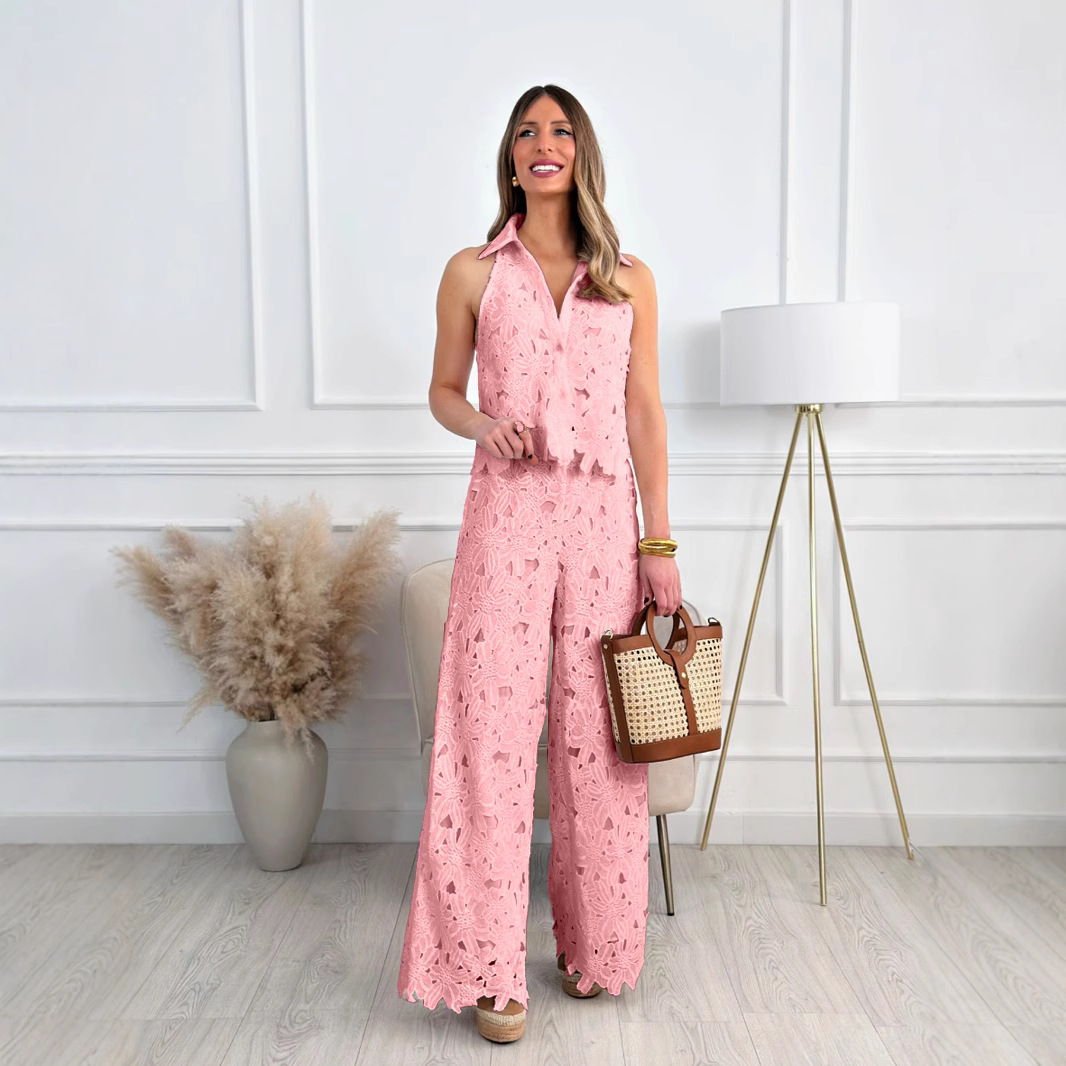French Embroidered Cutout V-Neck Tank Top and Wide-Leg Pants Set