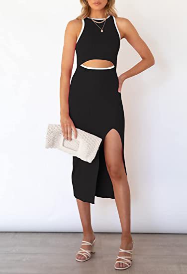 Women's Sleeveless Ribbed Midi Dress with Round Neck and Slit