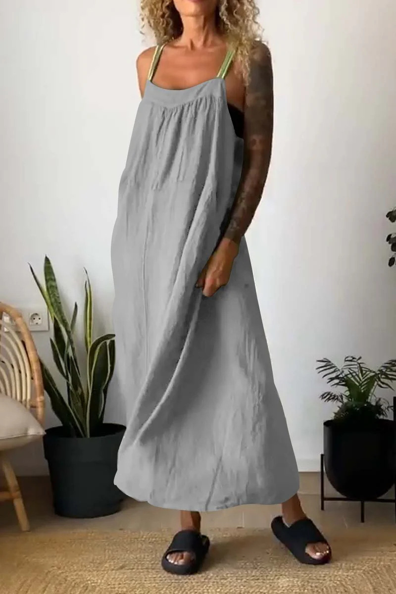 Women's Cotton Linen Sleeveless Pinafore Dress Casual Solid Color Long Dress