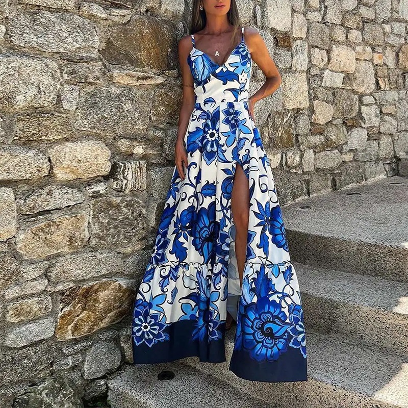 Women's Vacation Floral Print Cami Maxi Dress with Full Skirt