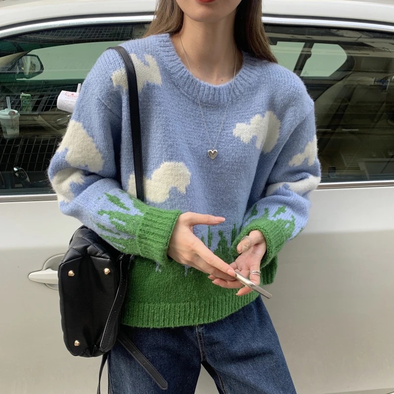 Blue Sky White Clouds Pattern Crewneck Sweater Loose Fit