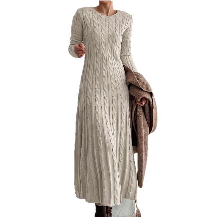 Slim Fit Cable Knit Sweater Dress Crew Neck Long A-Line Pullover