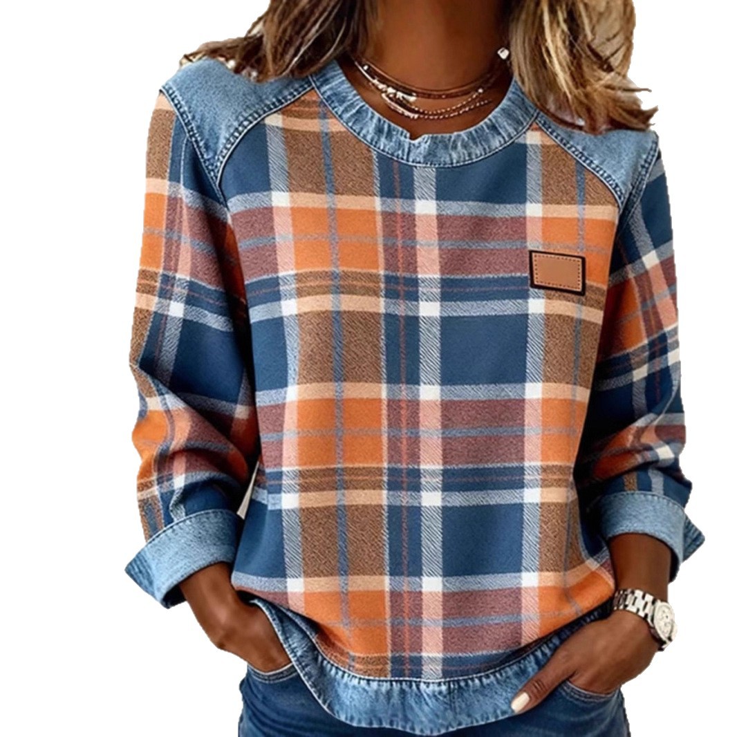 Plaid Spliced Denim Crewneck Loose Women's Sweatshirt
