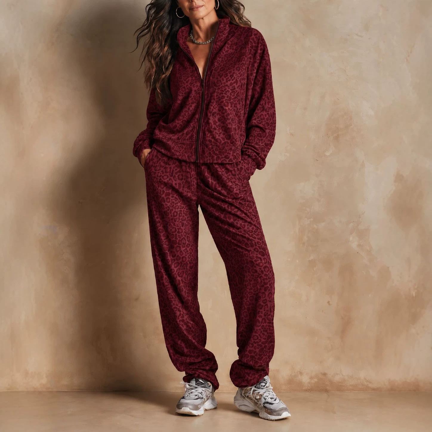 Women's Leopard Print Zip-Up Track Jacket and Pants Set