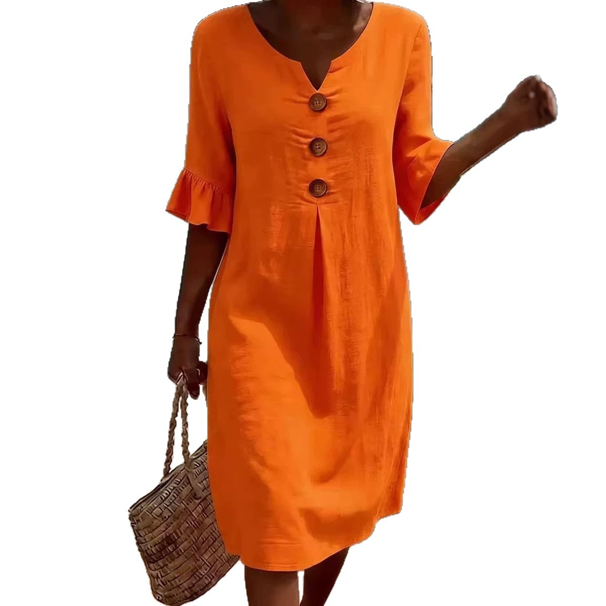 Cotton Linen V-Neck Big Button Ruffle Sleeve Dress