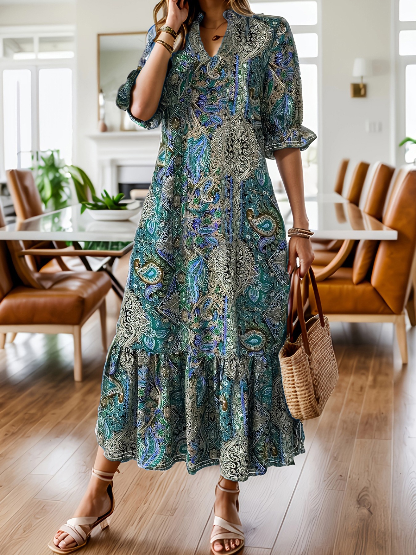 Bohemian Floral Print Maxi Dress with Mandarin Collar and Layered Ruffle Hem