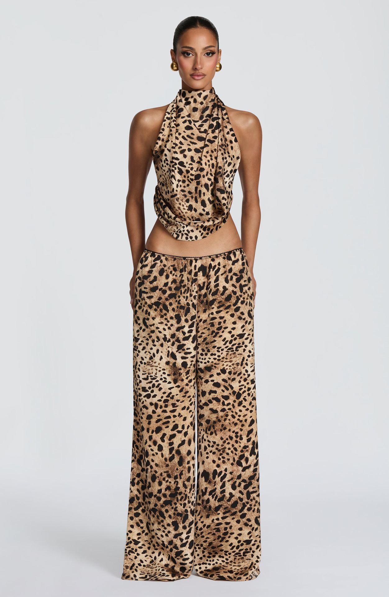 Women's Sleeveless Draped Neck Crop Top and Wide-Leg Pants Two-Piece Set