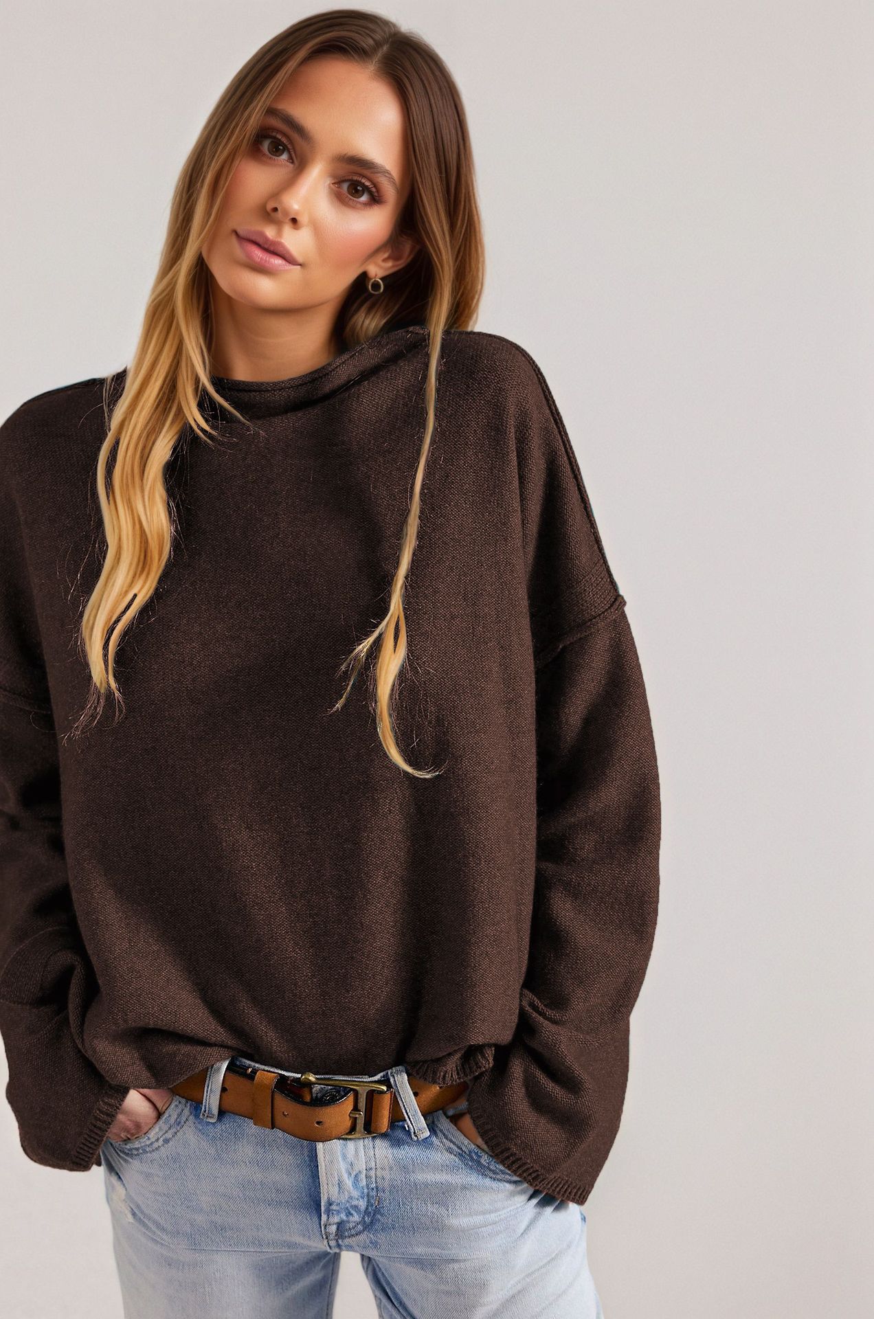 Women's Loose Solid Color Long Sleeve Side Slit Pullover Knit Sweater