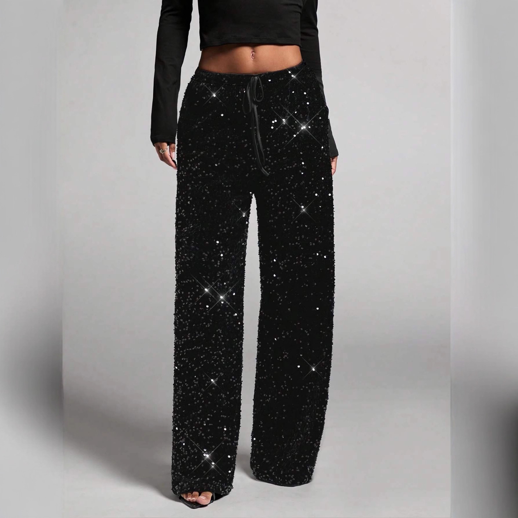 Sequin Drawstring Straight Leg Stretch Pants