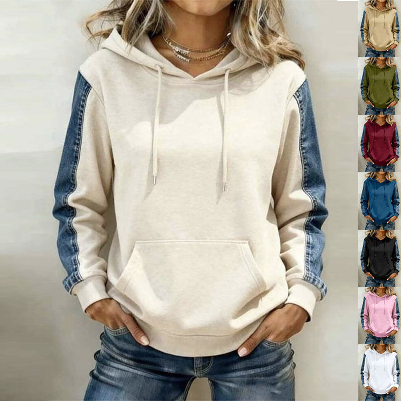 Women's Denim Print Patchwork Hooded Drawstring Sweatshirt