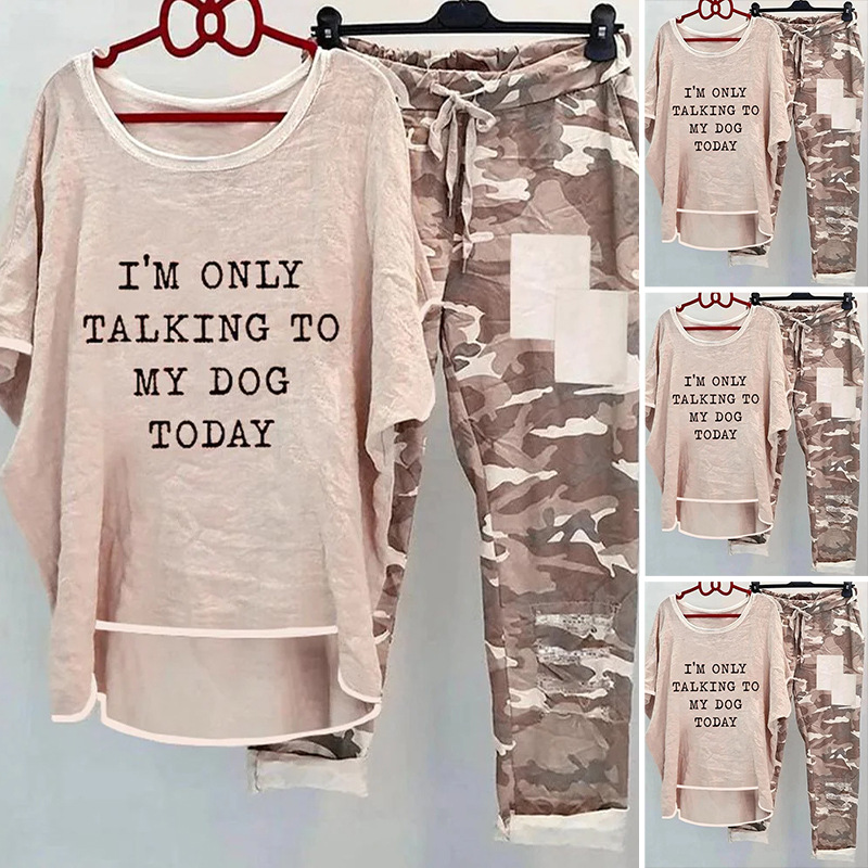 Women's Casual Printed Short-Sleeve Top and Camo Pants Set