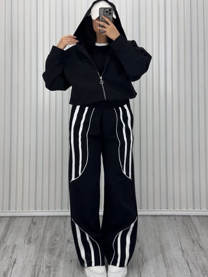 Retro Streetwear Striped Hooded Cardigan and Pants Two-Piece Set