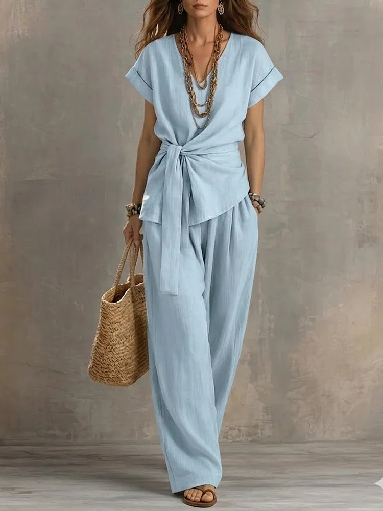 V-Neck Tie-Waist Top and Solid Casual Pants Set