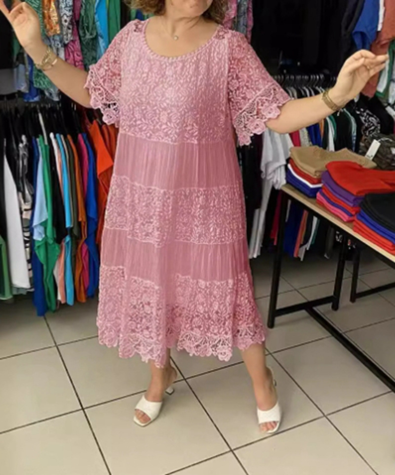 Elegant Solid Crewneck Short Sleeve Lace Trim Dress