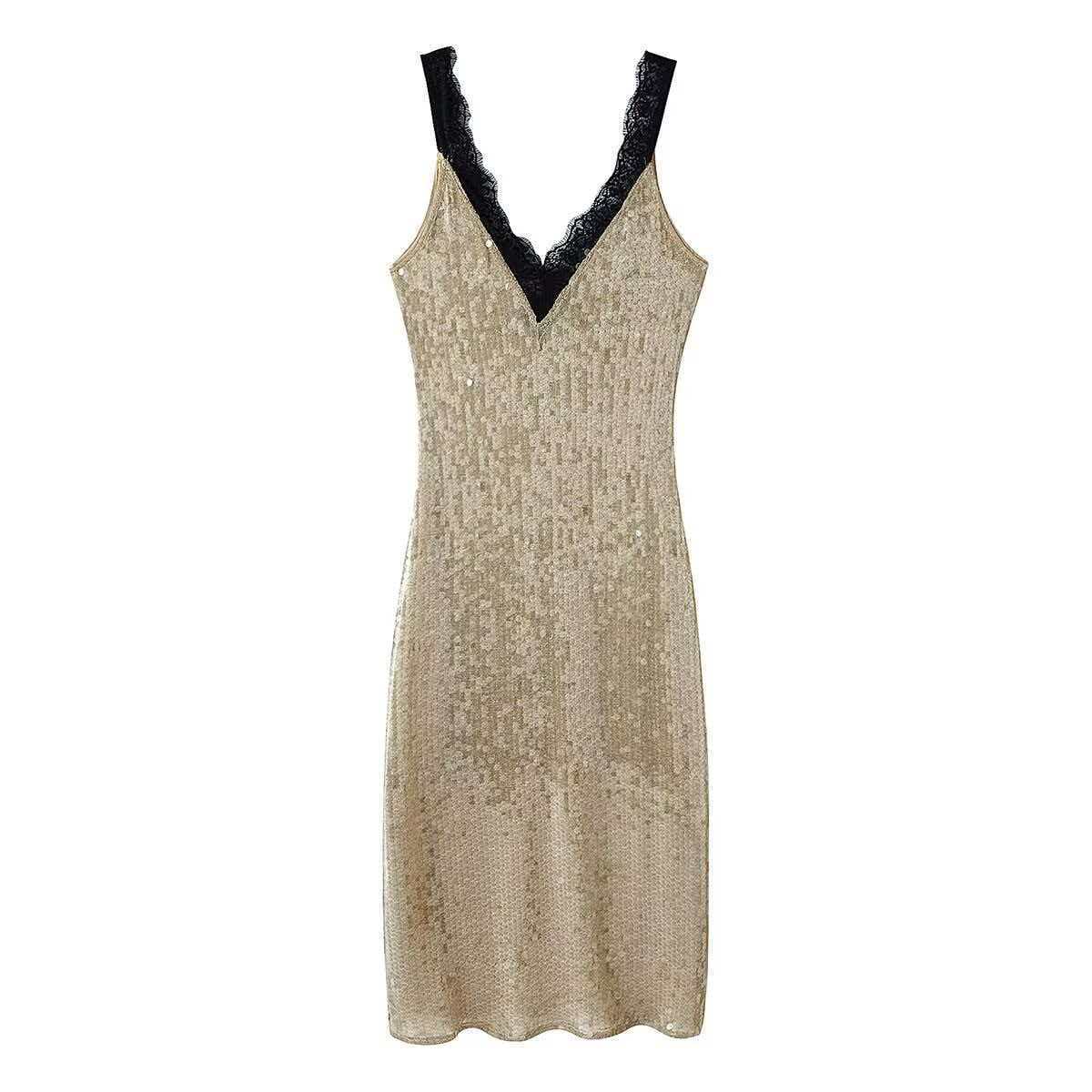 Shimmering Gold Sequin Cami Dress with Mesh Panel