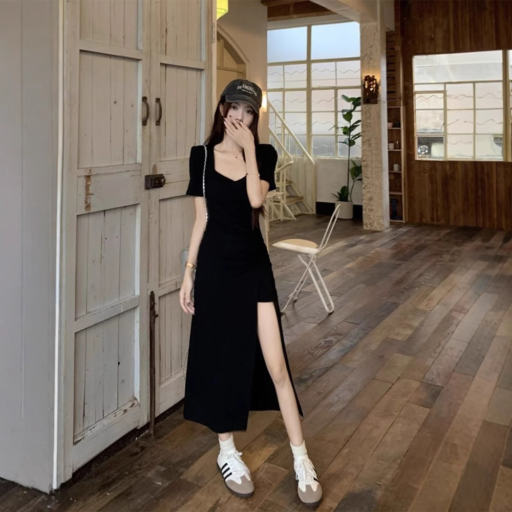 Women's Square Neck Short Sleeve Bodycon Midi Dress with Slit