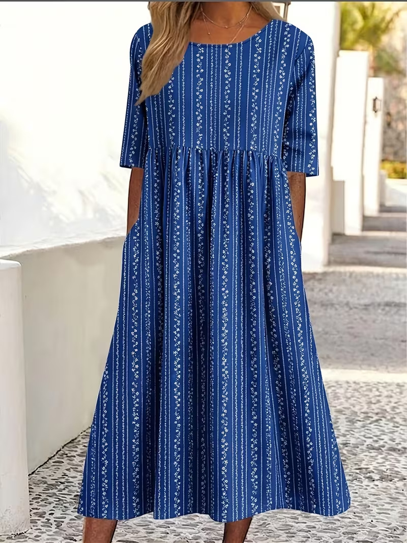 Women's Floral Print Ruched Midi Dress Round Neck Five-Sleeve Slim Fit