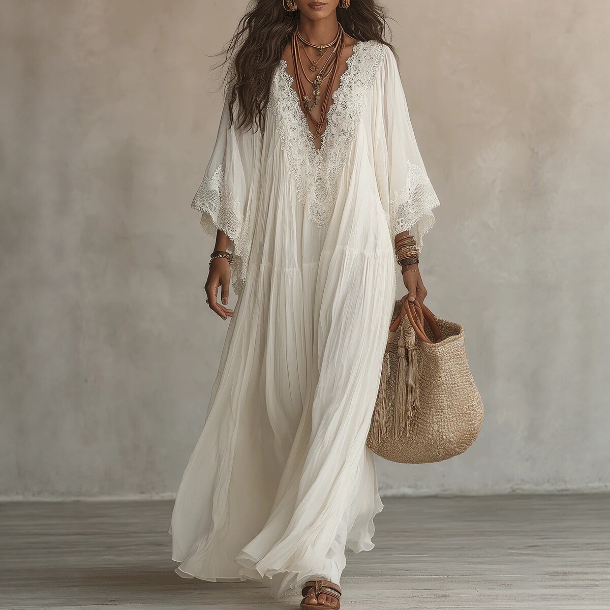 White Lace V-Neck Long Dress with Batwing Sleeves
