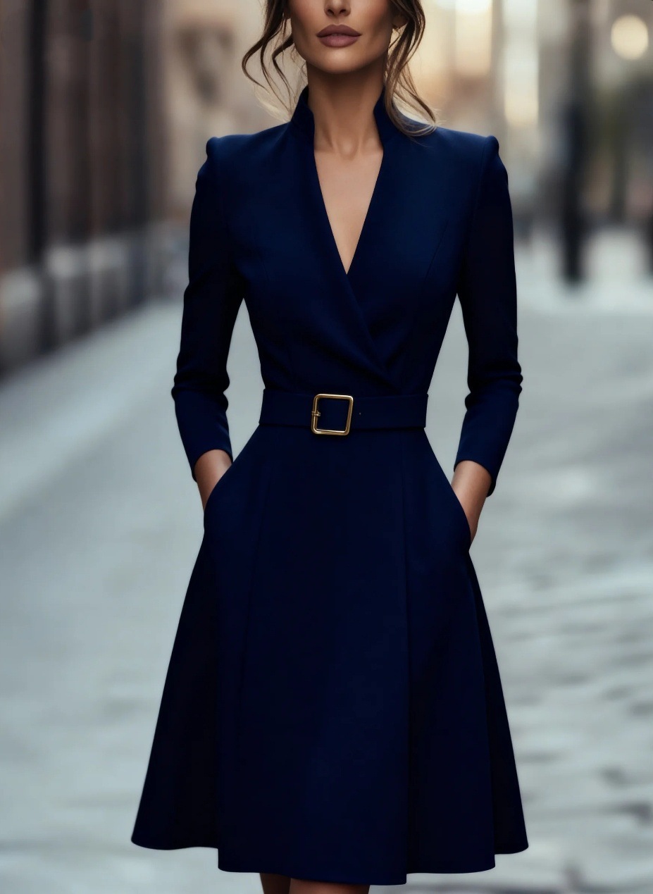 Solid V-Neck Waist-Cinched Long-Sleeve A-Line Midi Dress