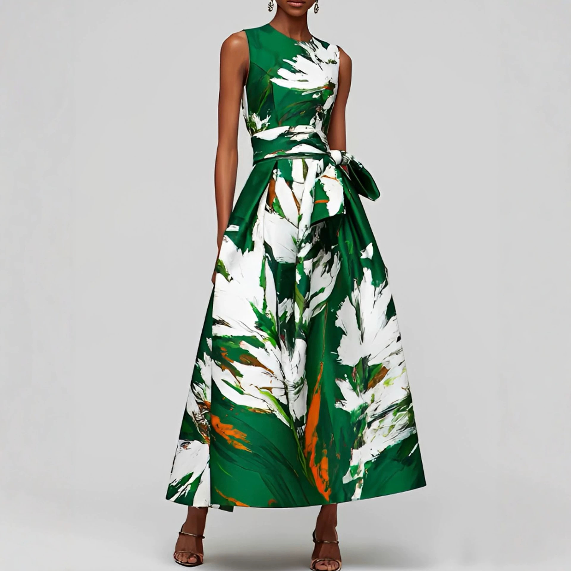 Elegant Floral Print Sleeveless Midi Dress with Round Neck and Waist Tie