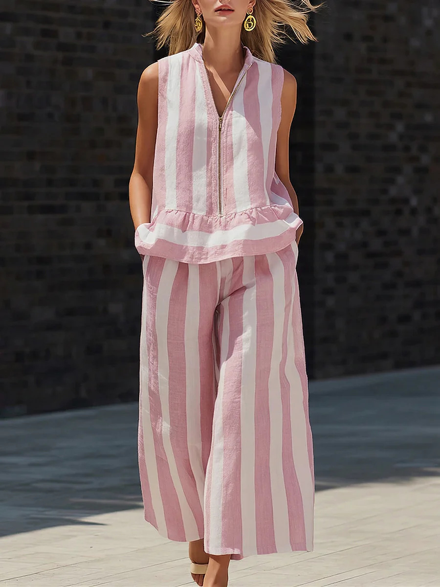 Women's Sleeveless Zip-Up Collared Shirt and Striped Pants Two-Piece Set