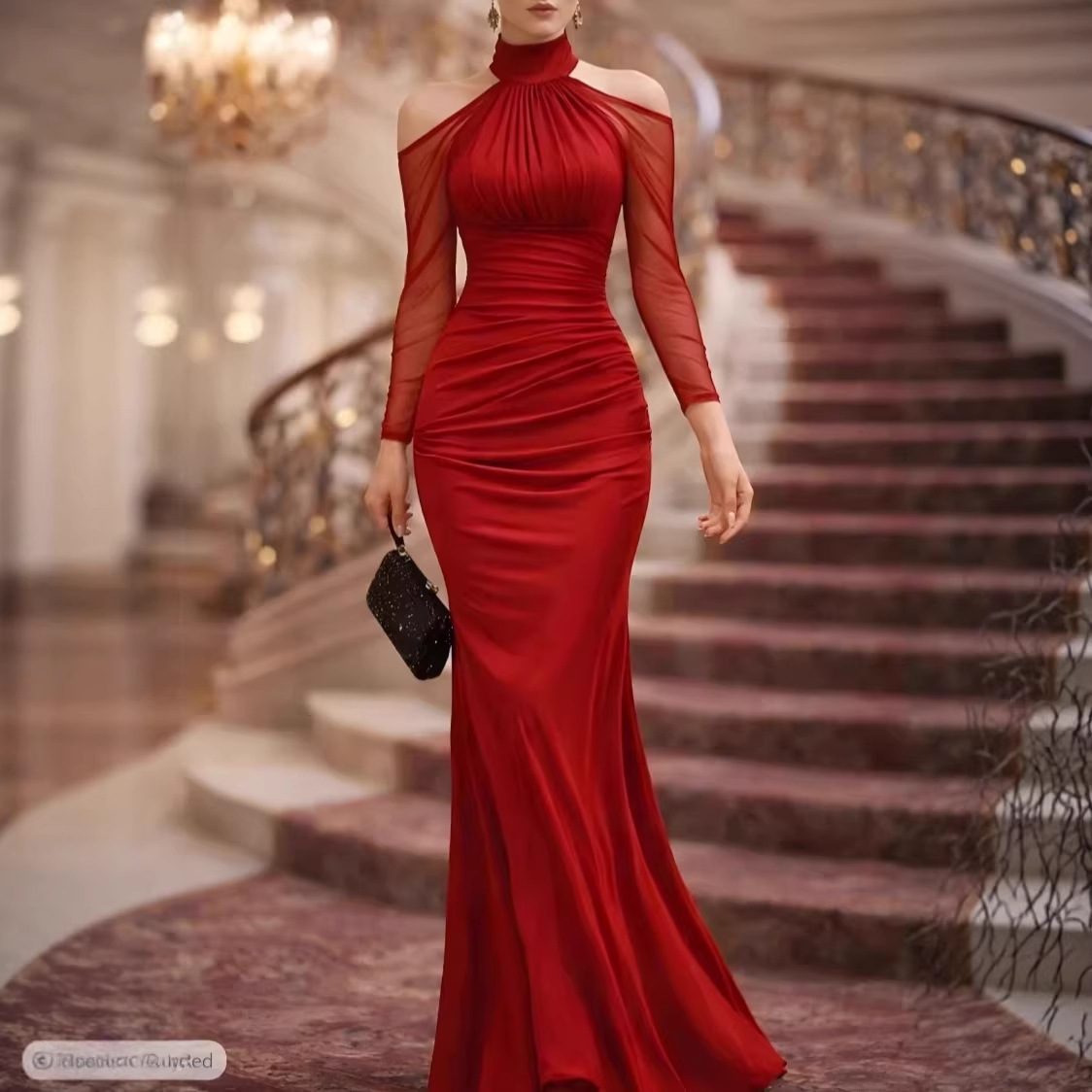 Women's Halter Neck Sheer Long Sleeve Mermaid Evening Gown