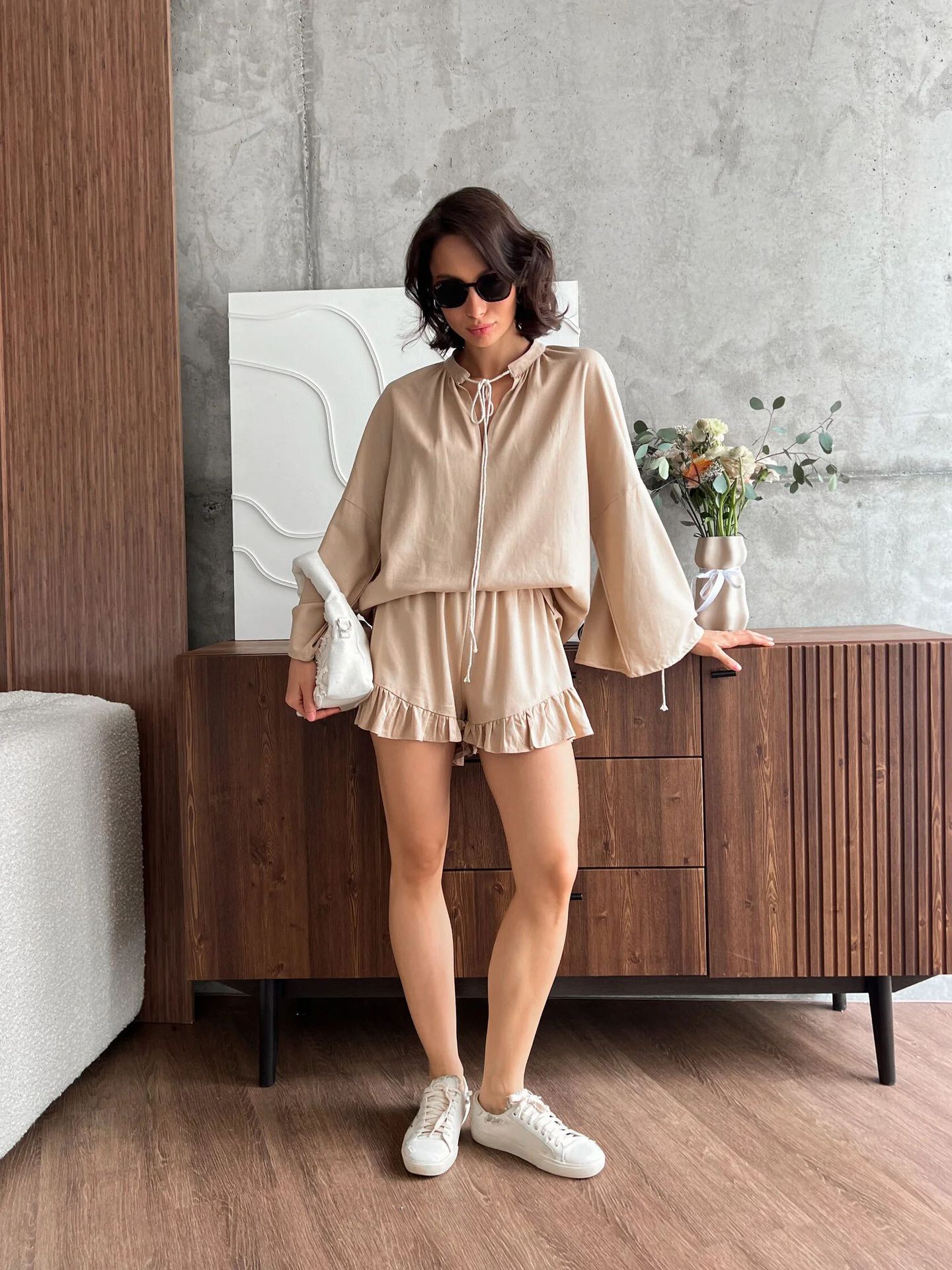 Women's Casual V-Neck Ruffle Top & Wide-Leg Pants Two-Piece Set