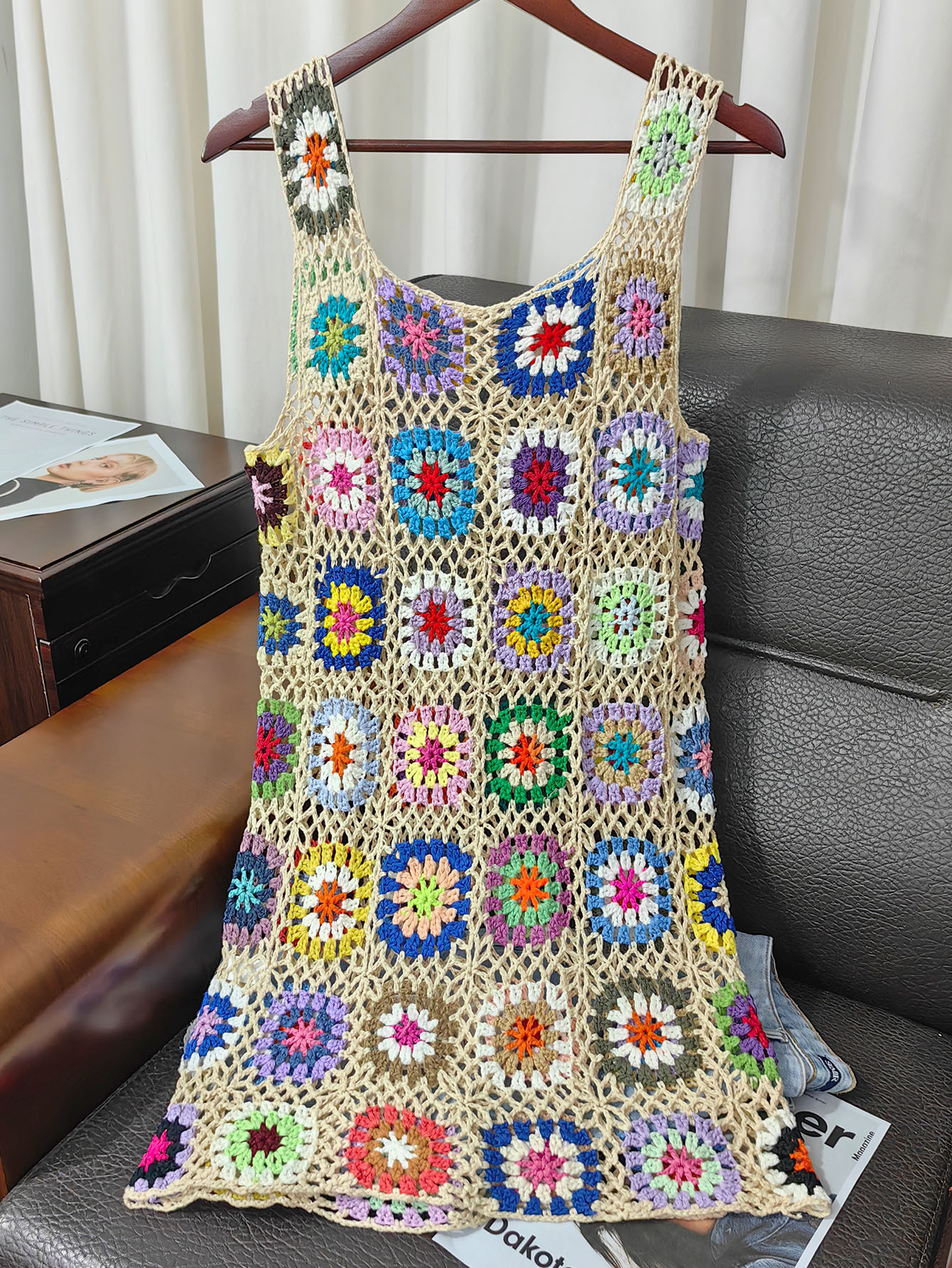 Bohemian Hand-Crocheted Hollow Out Cami Dress Sexy Diamond Grid Vest Dress