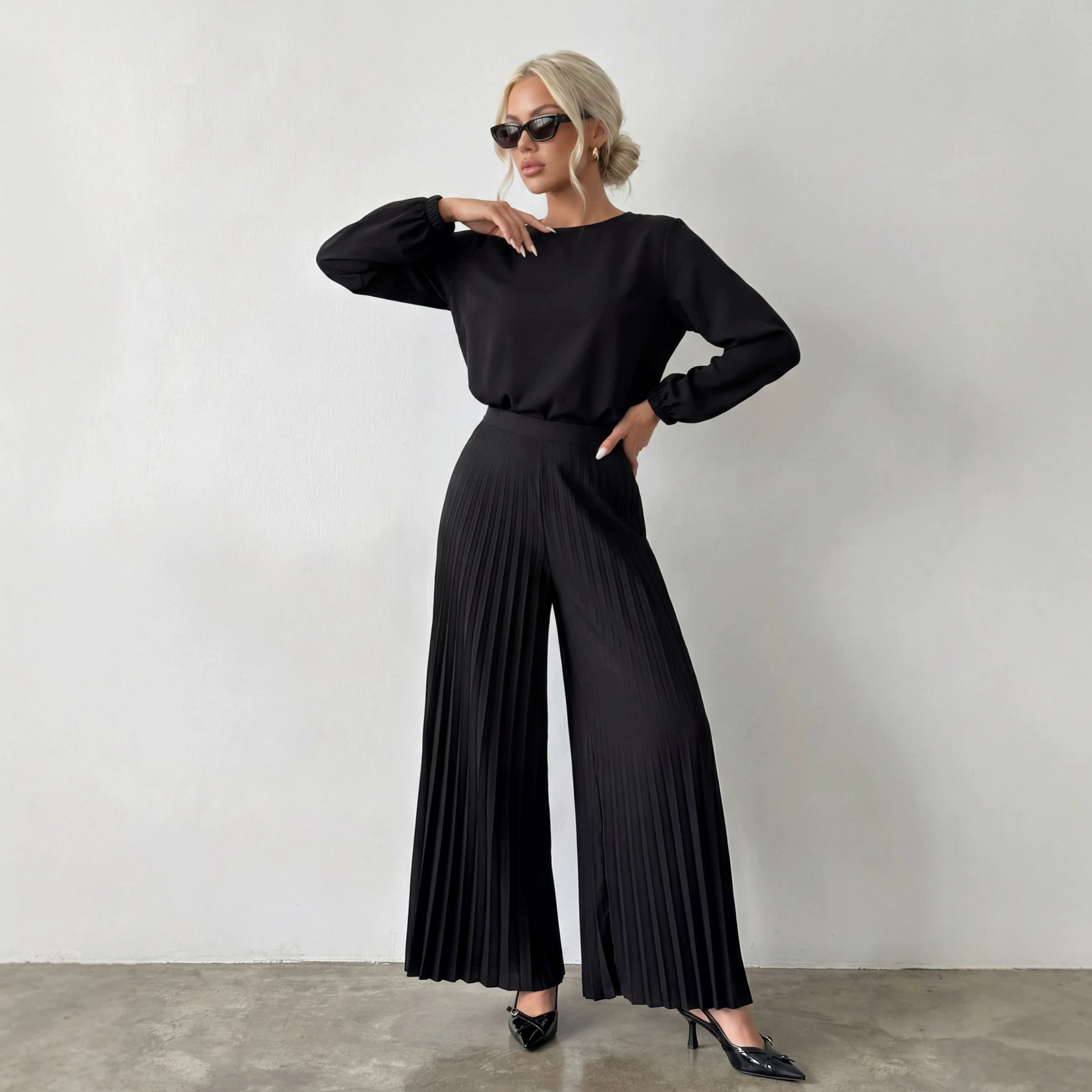 Women's Elegant Crewneck Long-Sleeve Top and High-Waist Pleated Pants Two-Piece Set