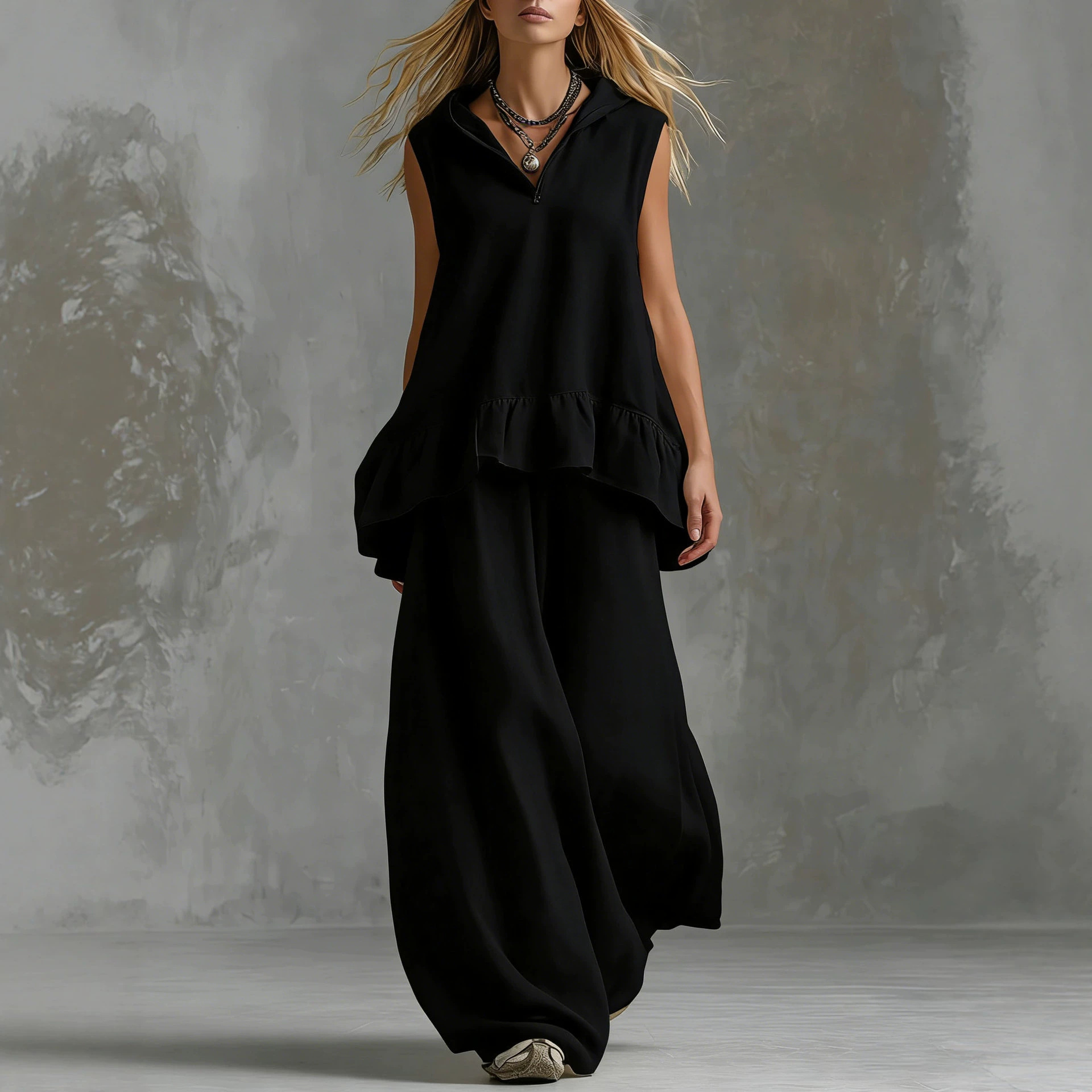 Women's Solid V-Neck Sleeveless Top and Wide-Leg Pants Casual Two-Piece Set