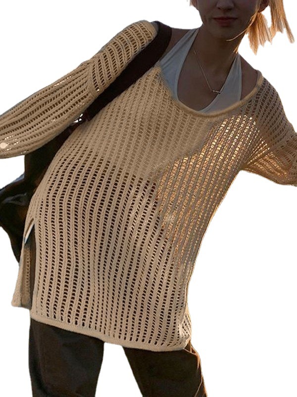 Women's Loose Hollow-Out Split Knit Top Round Neck