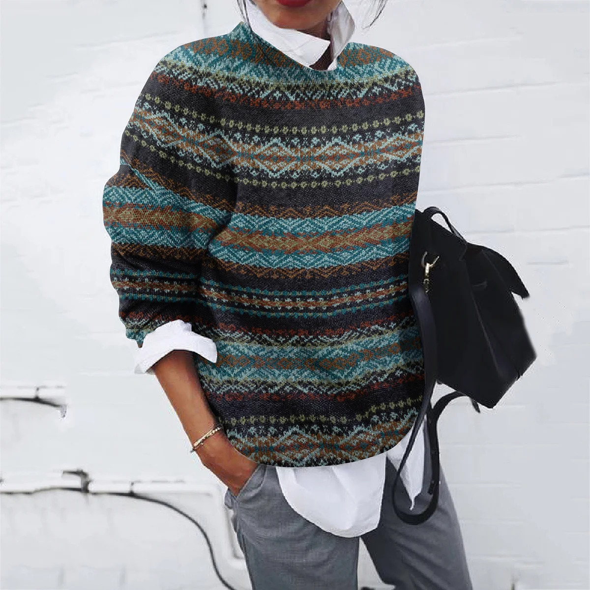 Pattern Print Round Neck Soft Knit Sweater Casual Cardigan