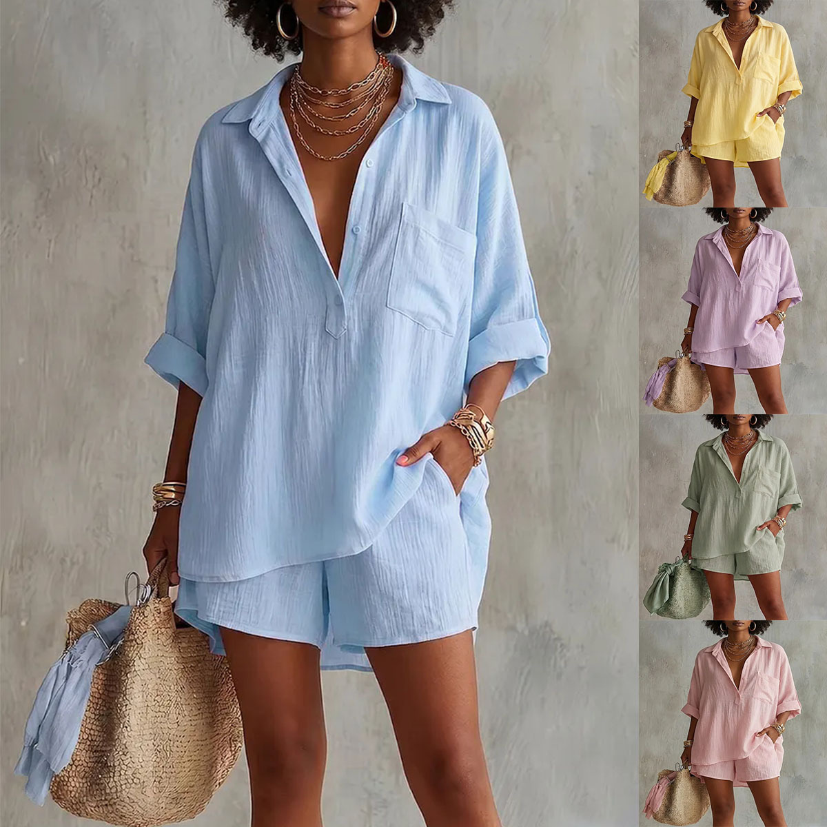 Women's Cotton-Linen Two-Piece Set with Pockets Casual Summer Outfit