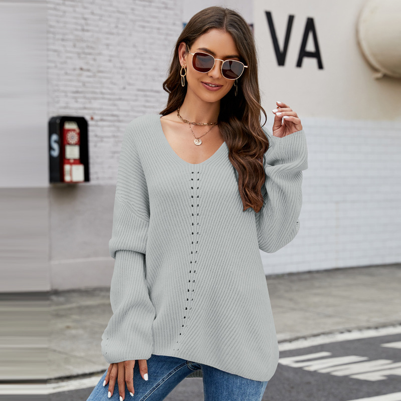 Women's V-Neck Pullover Sweater Loose Long-Sleeve Knit Top