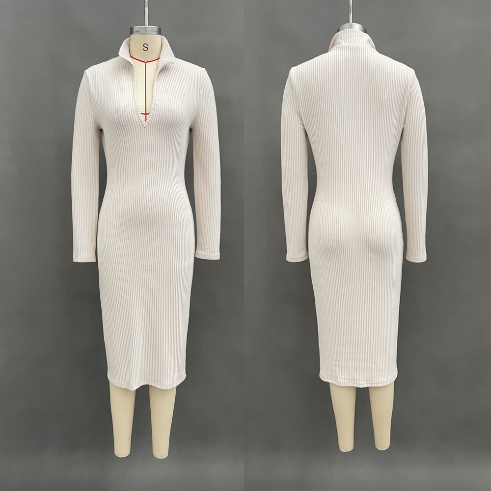 French-Style High-Neck Long-Sleeve Bodycon Dress with Waist Detail