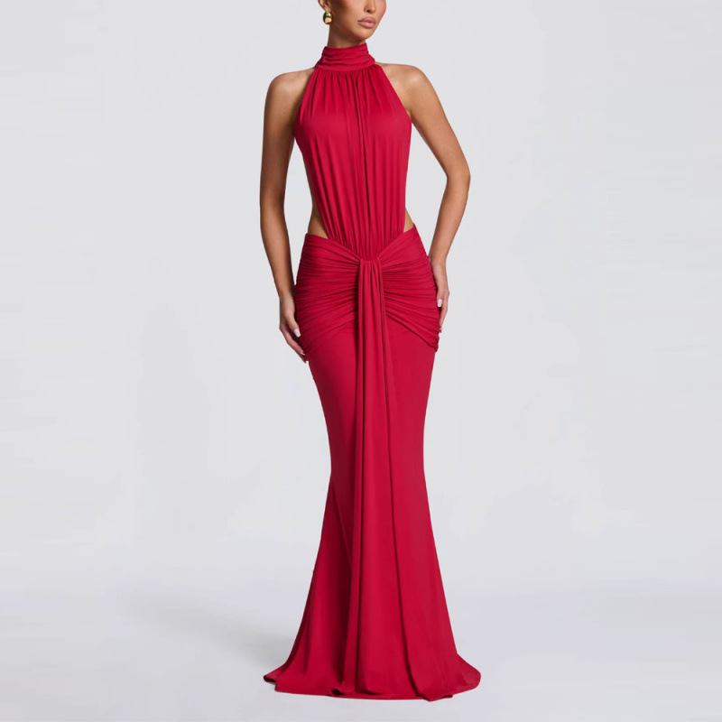 Women's Halter Ruched Bodycon Long Dress High Neck Open Back Evening Gown