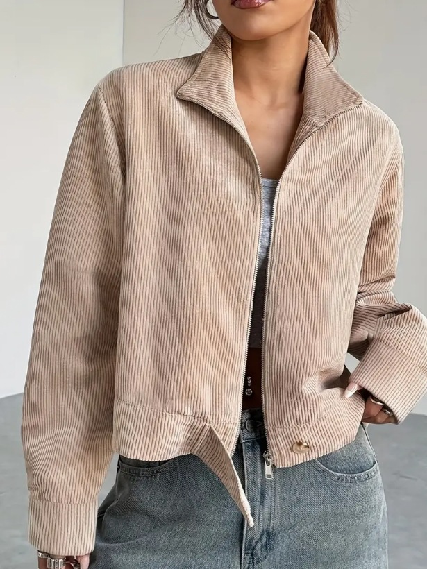Corduroy Women's Jacket with Drop Shoulder and Lapel Collar