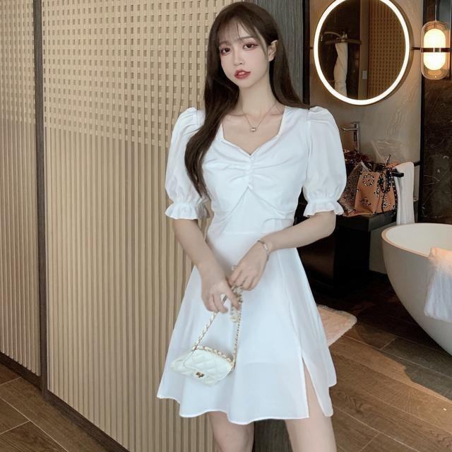 French Retro Hepburn V-Neck Waist-Slimming Split Midi Dress