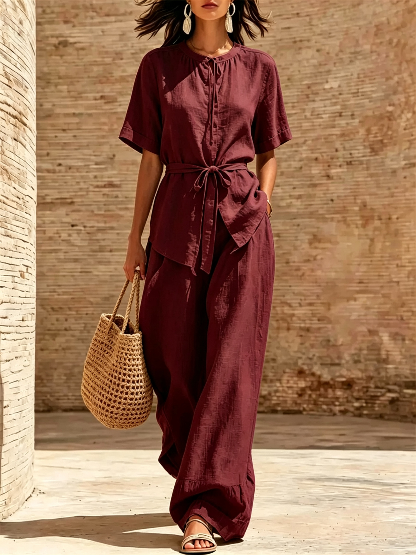 Linen-Blend Solid Tie-Front Short-Sleeve Wide-Leg Pants Set