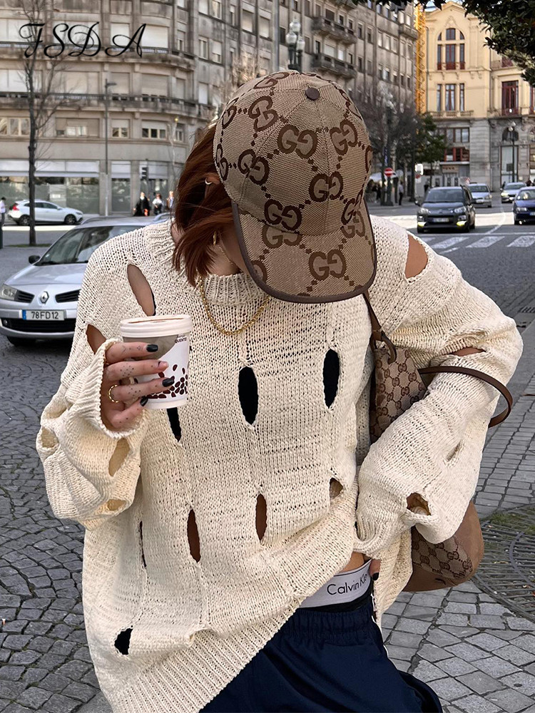 Women's Loose Fit Distressed Cutout Long Sleeve Knit Pullover Sweater