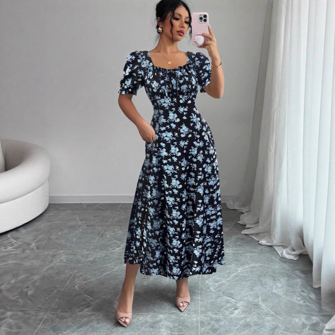Elegant Short Sleeve Ruffle Dress with U-Neck and Puff Sleeves