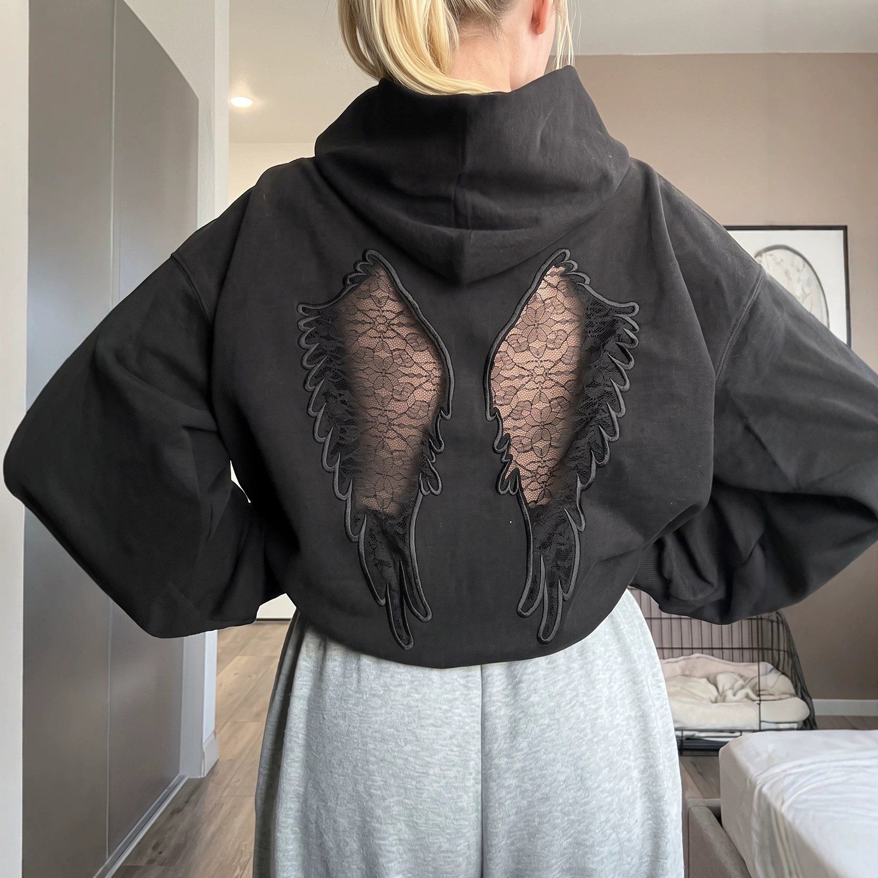 Women's Casual Hooded Cutout Embroidered Wing Long-Sleeve Sweatshirt