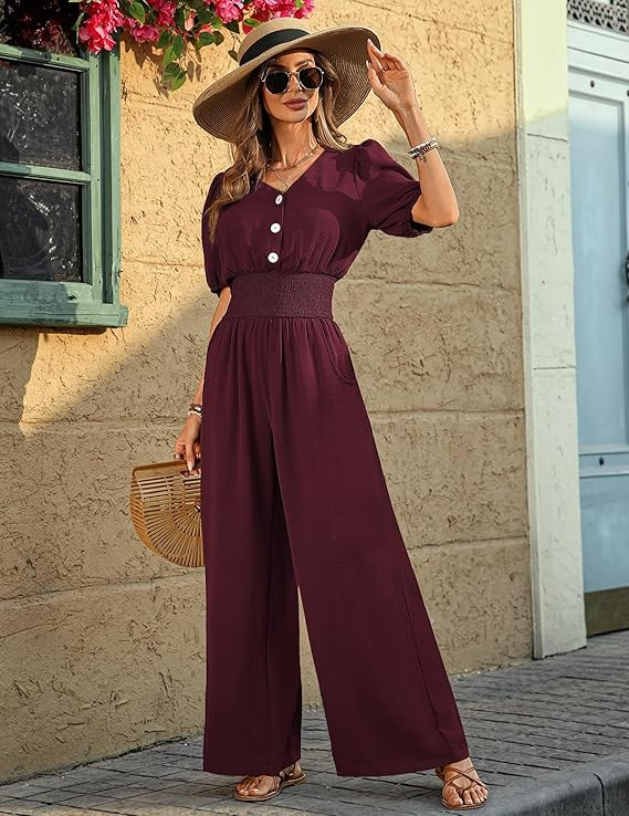 Elegant Short Sleeve Collared Waist-Defined Wide-Leg Jumpsuit