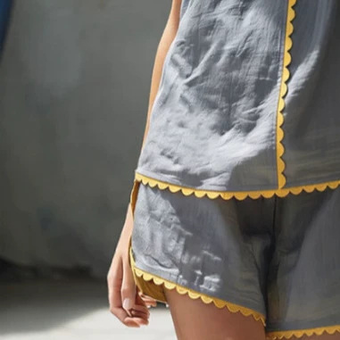 Gray Wavy Trim Sleeveless Top and Shorts Set