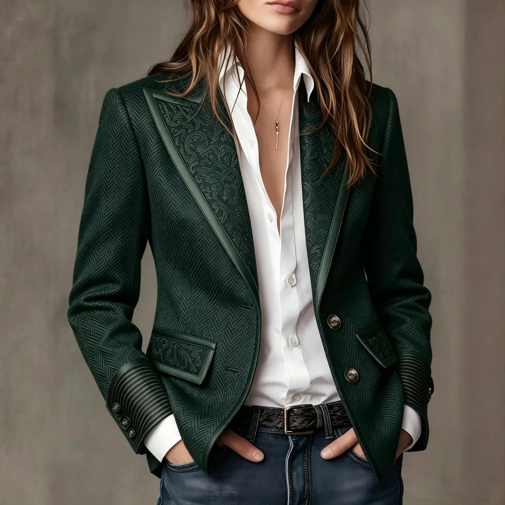 French Retro Color-Block Blazer-Collar Woolen Coat