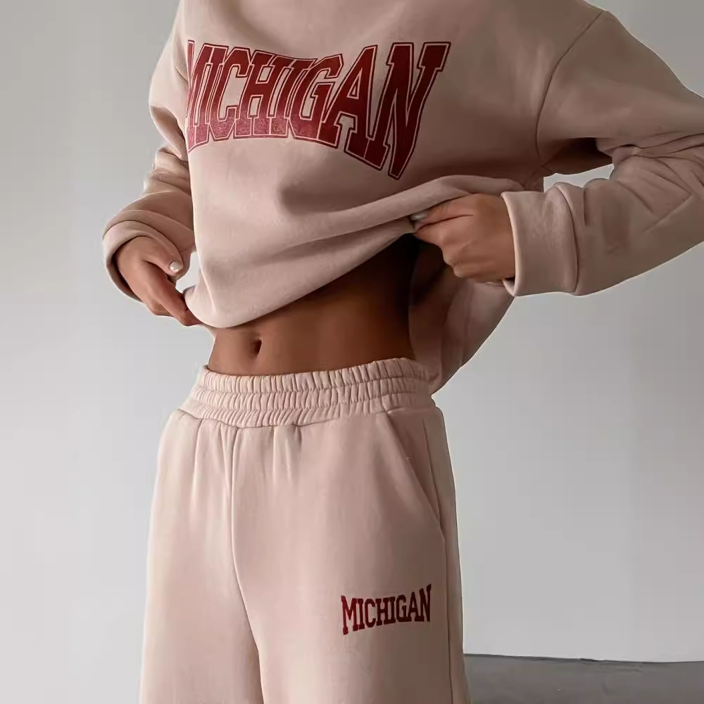 Women's Casual Hooded Letter Print Long Sleeve Pants Set